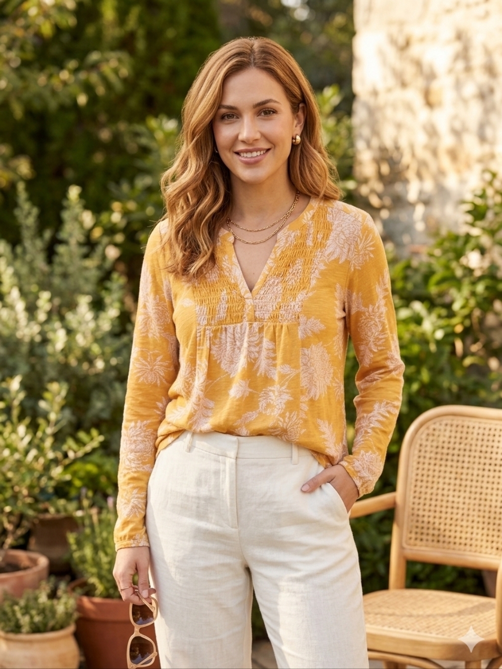 Lucky Brand Floral Golden Yellow Pullover Vneck Top Size Large Womens Coastal